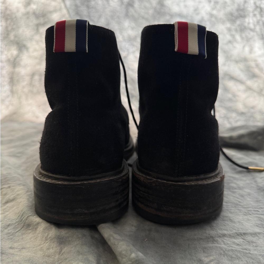 Thom Browne Black Suede Chukka Boots with Red-White-Blue Heel Loop